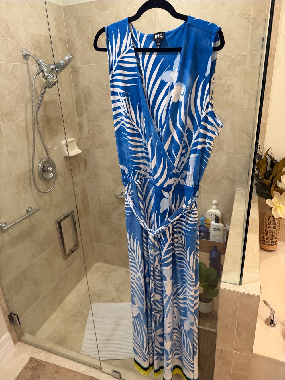 INC International Concepts Blue and White Tropical Print Maxi Dress